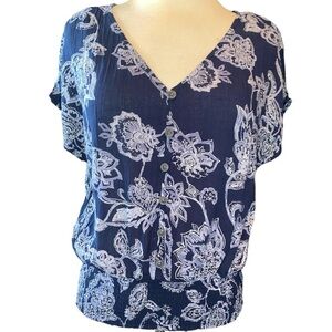Maurices blouse shirt sleeves gathered at bottom floral print deep V-neck Sz S